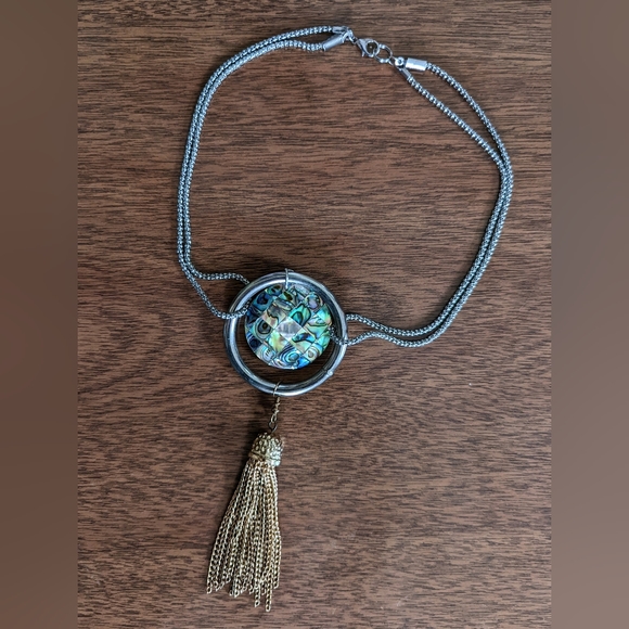 Handmade Gold Fringe and Rainbow Abalone Pendant Choker Necklace - Picture 7 of 9